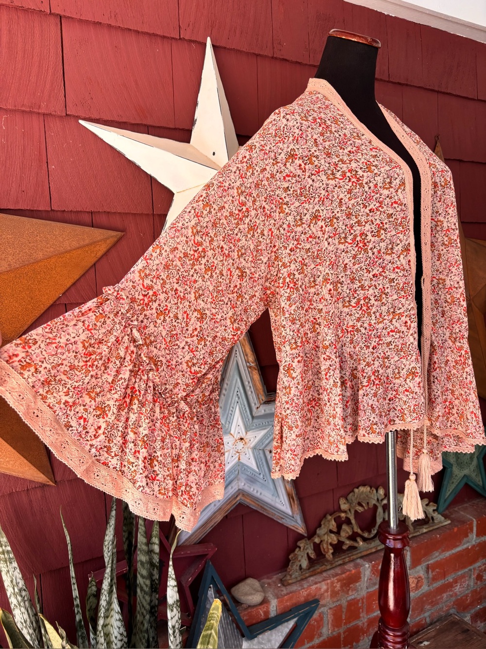 Free People Cardigan Wrap Floral Beige Lightweight Open Front Boho Women’s S/P